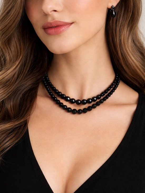 Vintage Jewelry - Vintage Black Crystal Double Strand Necklace